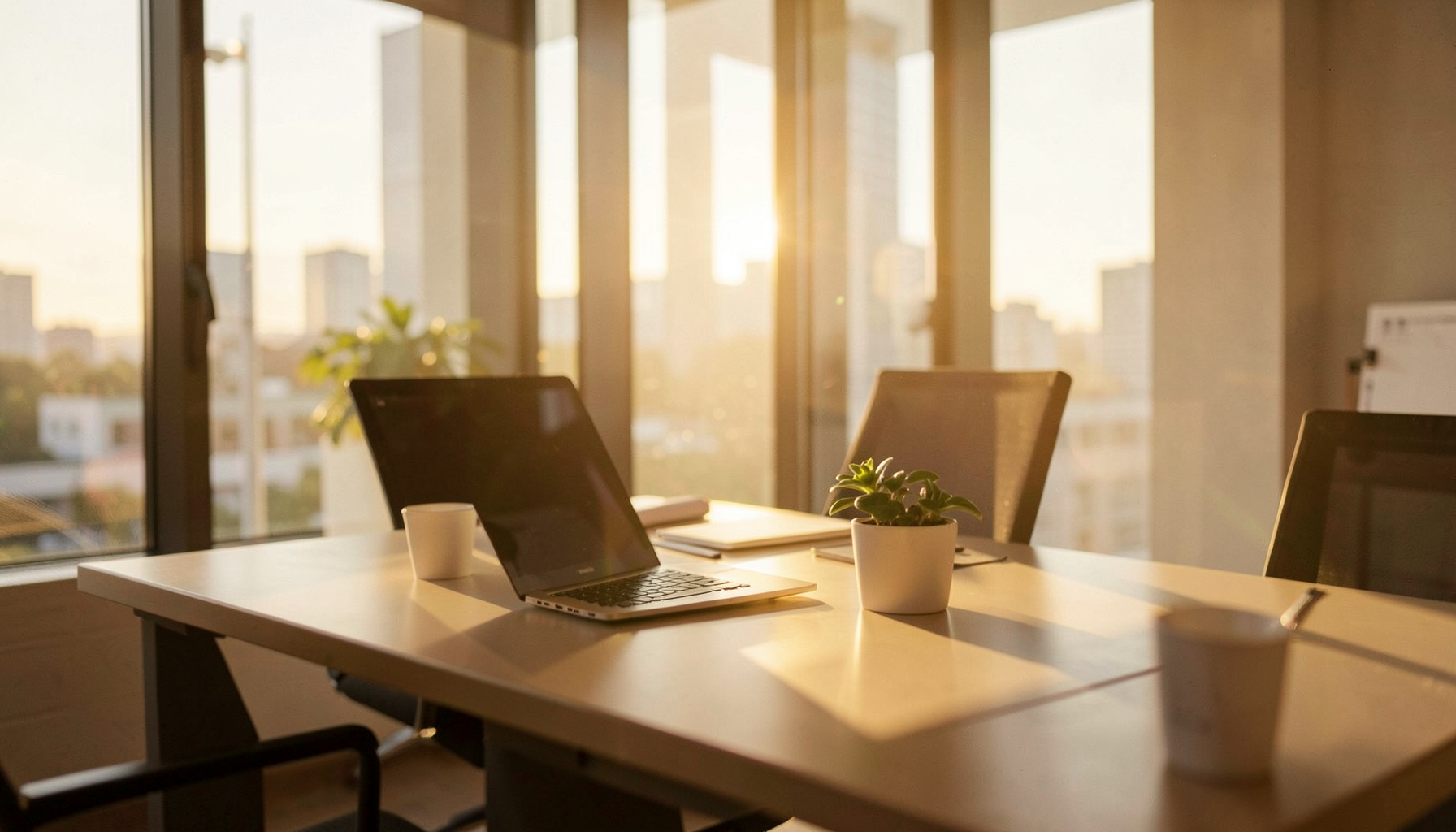 Warm golden-hour photograph of a modern office interior with soft natural light streaming through large windows, casting gentle shadows across a clean desk with a laptop and a small potted plant.